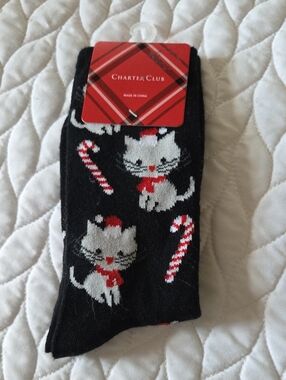 NWT Charter Club Black Socks with White Cat and Red Candy Cane Motif